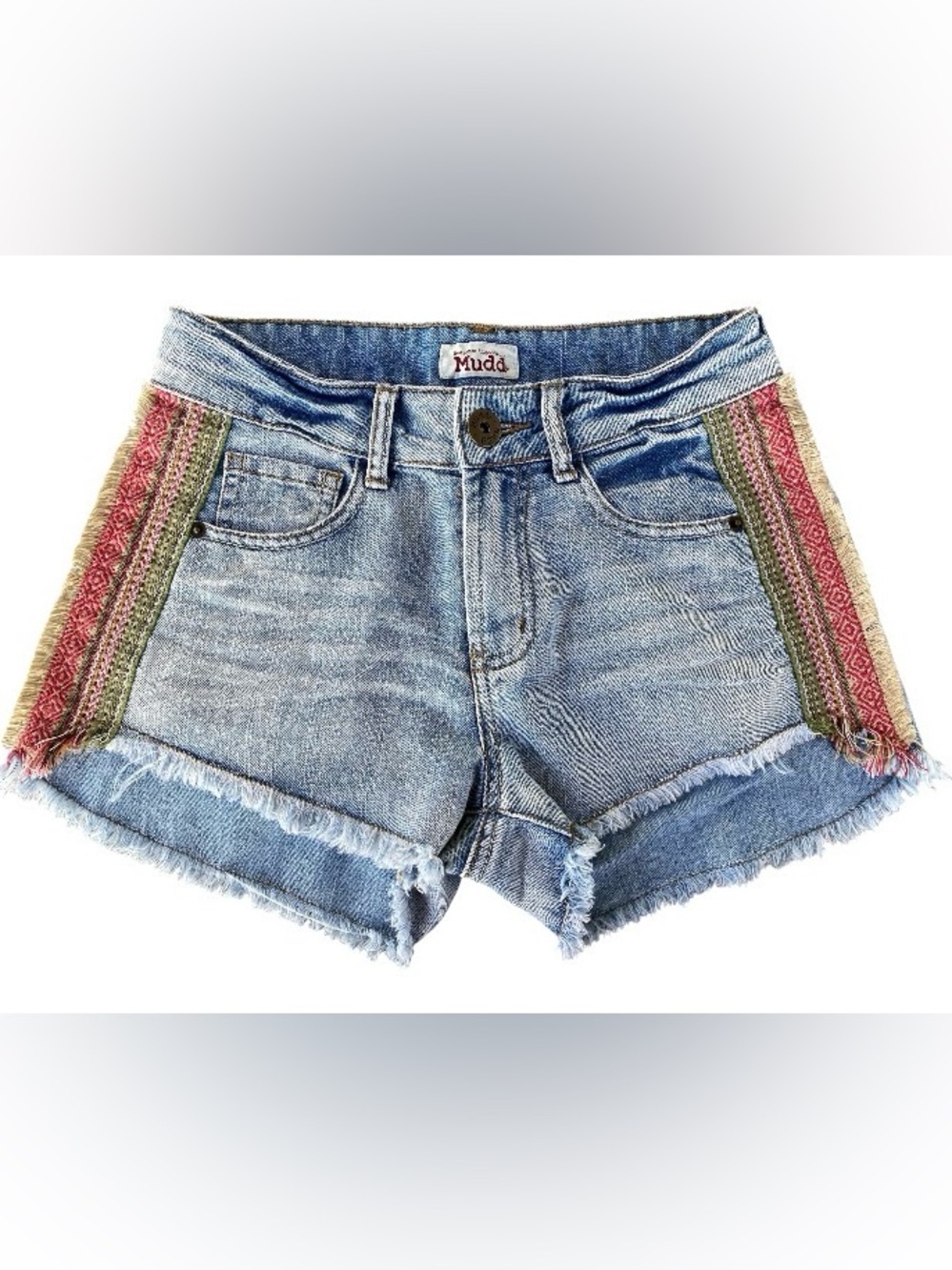 Mudd Denim Jean Shorts Size 3 Fringe Raw Hem Boho Aztec Tribal Side Trim Cutoffs